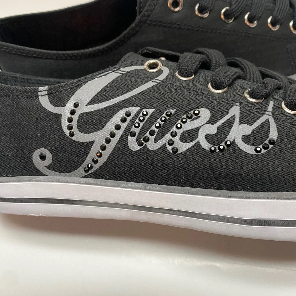 Guess Womens Black Canvas Rhinestone Logo Low Top Sneakers White Toe Cap 10 NIB‎